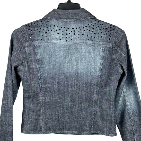 Chico’s Platinum Black Denim Distressed Jacket Black Rhinestones Size Small NEW - Picture 7 of 14